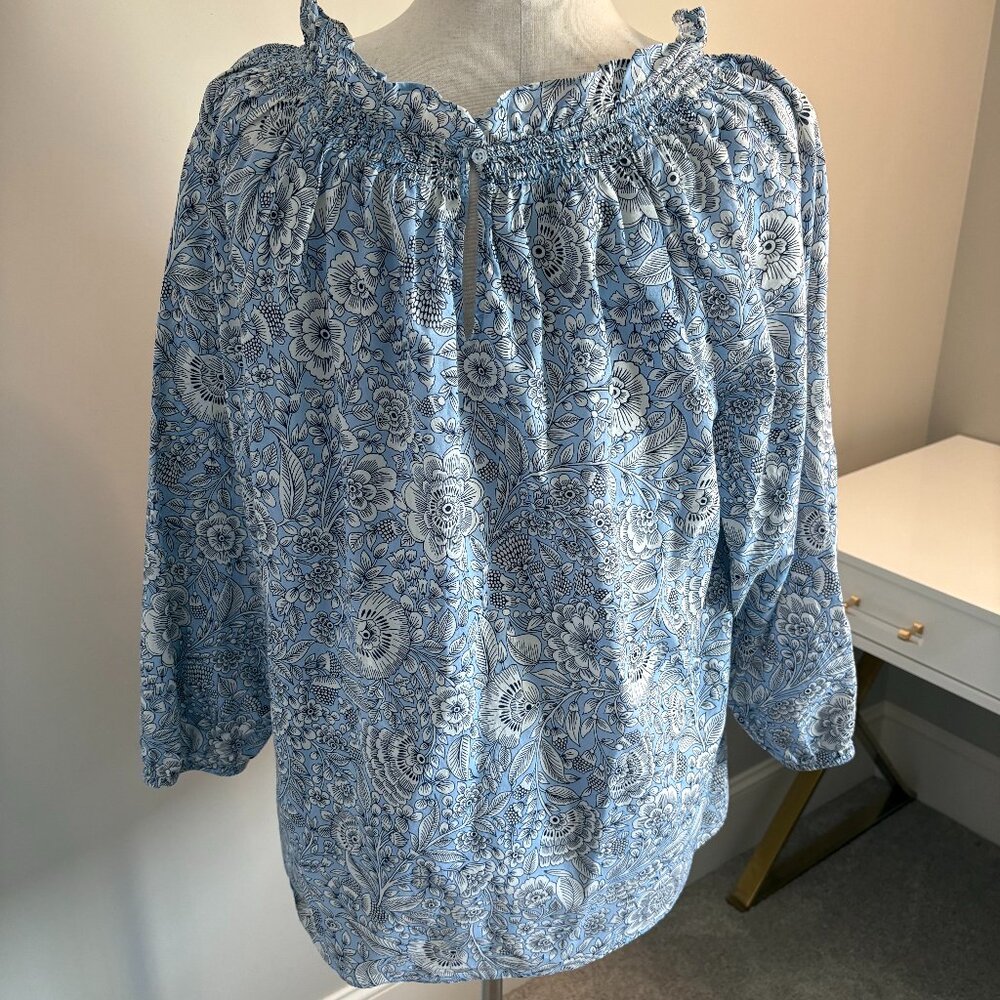 Talbots Plus Blue Floral Smocked Neck Blouse 3X Cotton - Picture 3 of 8